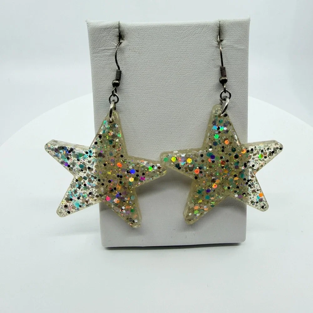 Vintage Y2K Chunky Resin Star Glitter Earrings Silver Tone Dangle Celestial Hook